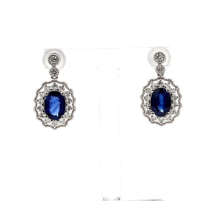 Platinum Oval Blue Sapphire and Diamond Halo Drop Earrings, 0.52 ct tw