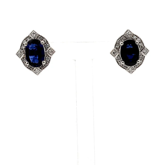 Platinum Oval Blue Sapphire and Diamond Halo Earrings, 0.19 ct tw
