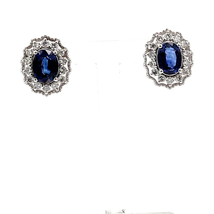 Platinum Oval Blue Sapphire and Diamond Halo Earrings, 0.54 ct tw