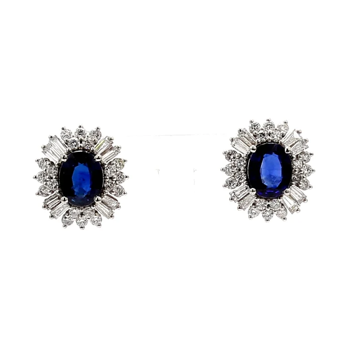 Platinum Oval Blue Sapphire and Diamond Halo Earrings, 1.38 ct tw