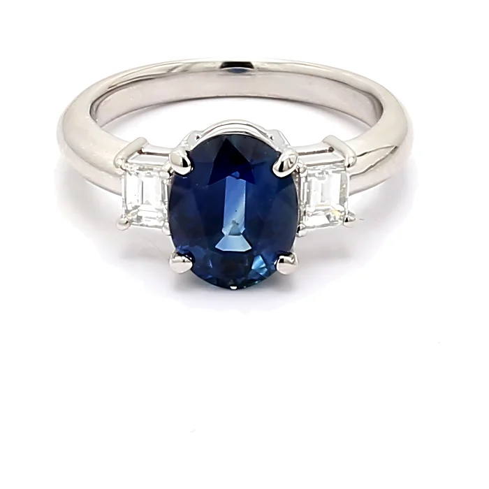Platinum Oval Blue Sapphire and Emerald-Cut Diamond Three-Stone Ring, 0.40 ct tw
