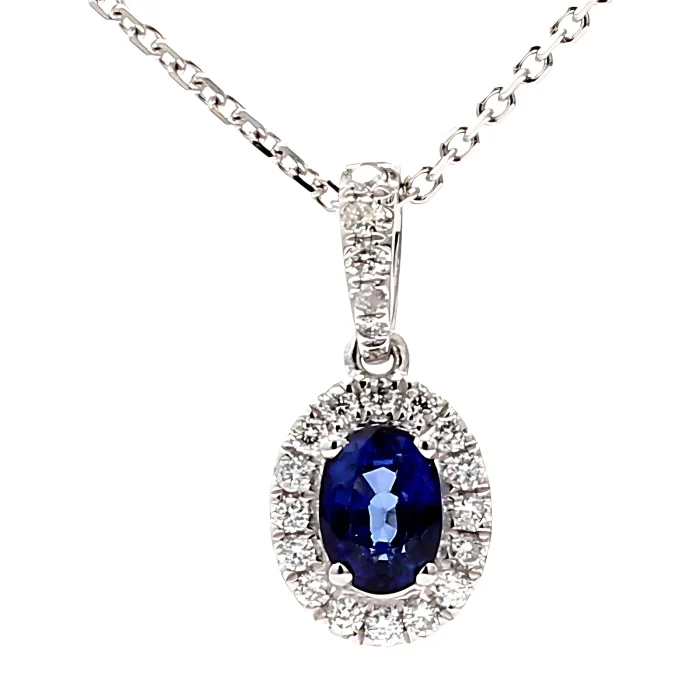 Platinum Oval Sapphire and Diamond Halo Pendant