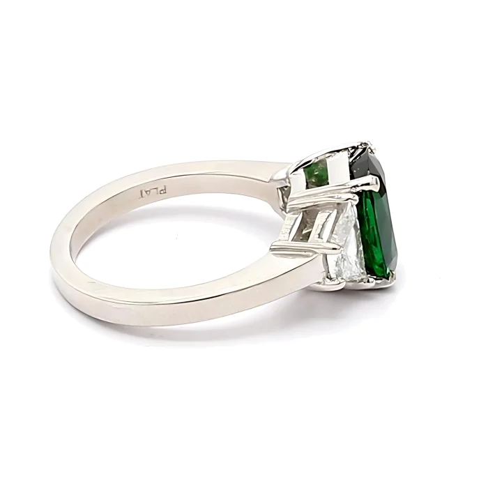 Platinum Tsavorite and Trapezoid Diamond Three-Stone Ring, 0.69 ct tw