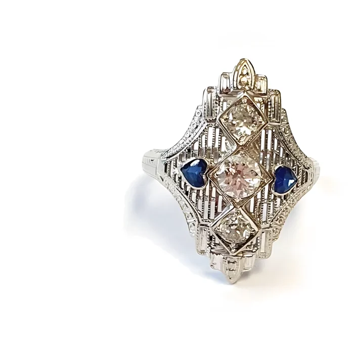 Platinum Vintage Old Mine Diamond and Sapphire Ring, 0.65 ct tw