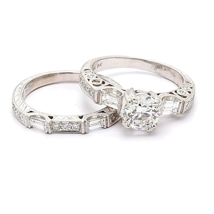 Platinum Vintage-Style Baguette and Round Diamond Wedding Set, 0.94 ct tw
