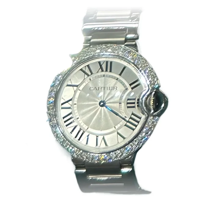 Pre-owned Cartier Ballon Bleu Medium Steel with Two-Row Diamond Bezel