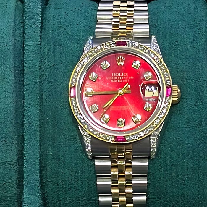 Pre-owned Rolex Datejust 31mm Two-Tone Red Dial with Diamonds and Sapphires
