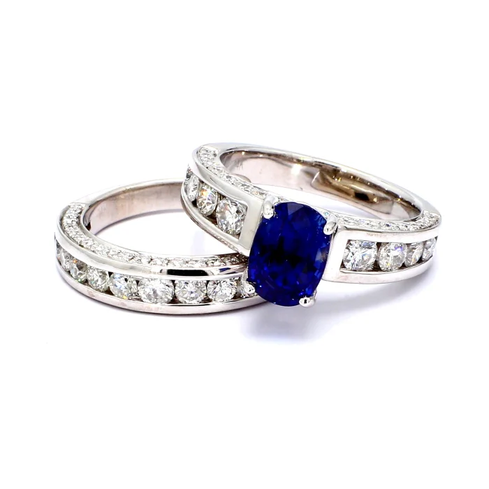 White Gold Blue Sapphire and Diamond Wedding Set