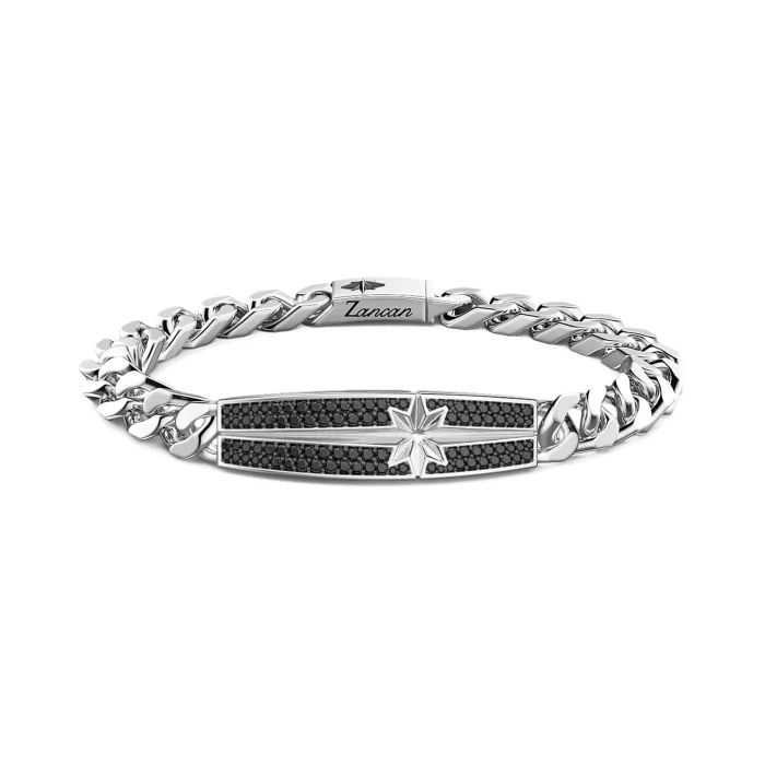 Zancan Sterling Silver Black Spinel Curb Chain Tag Bracelet