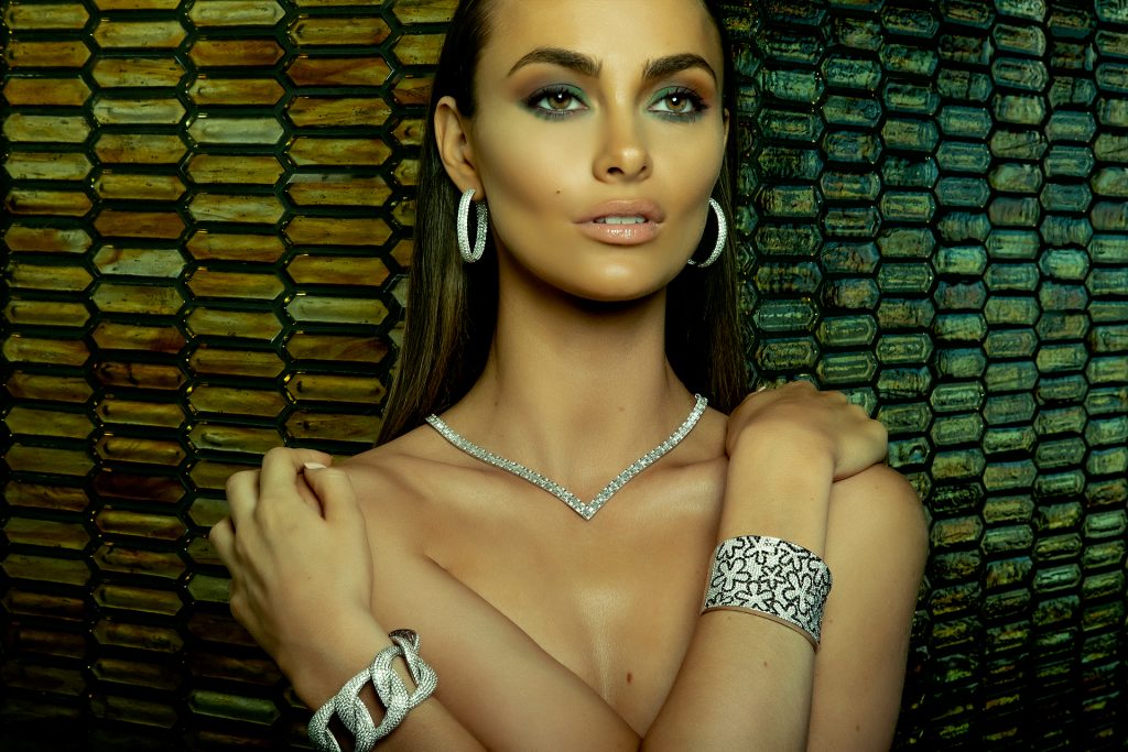 Diamond collar necklace, hoop earrings and cuff bracelets