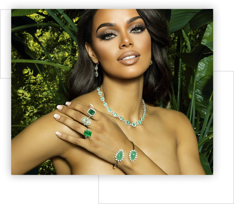 Emerald and diamond necklace, rings and bangle