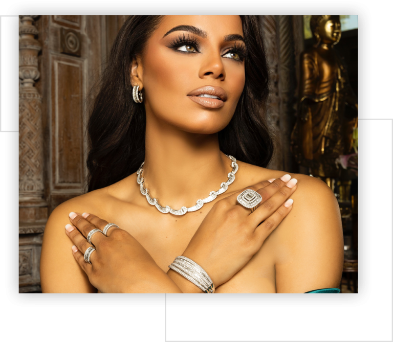 Baguette and round diamond necklace, ring and bracelets