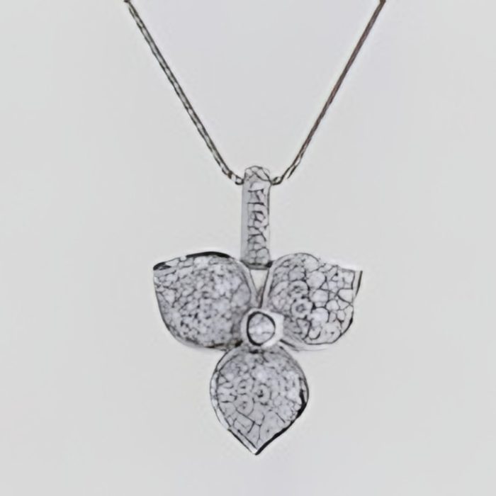 White gold 14k 3 petal flower design pave diamond pendant