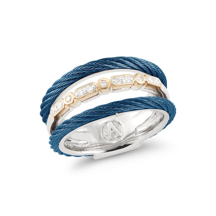ALOR Layered Blue Stainless Steel and 18k Yellow Gold Diamond Cable Ring