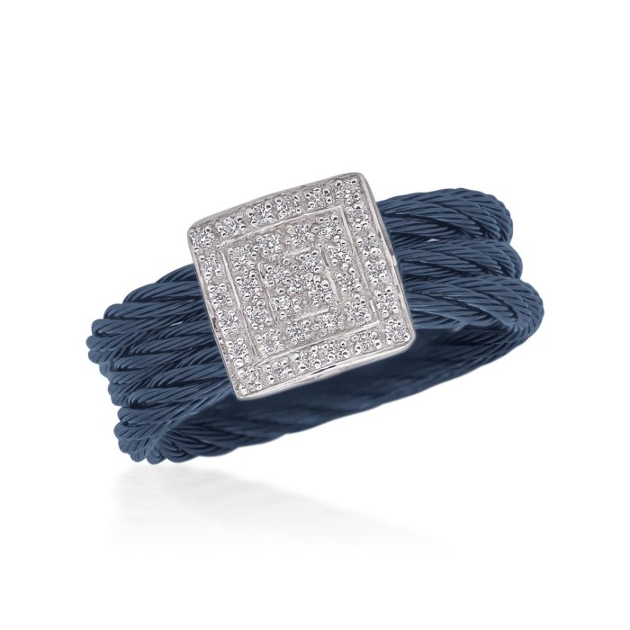 ALOR Stainless Steel and 14k White Gold Diamond Square Station Ring in Blueberry