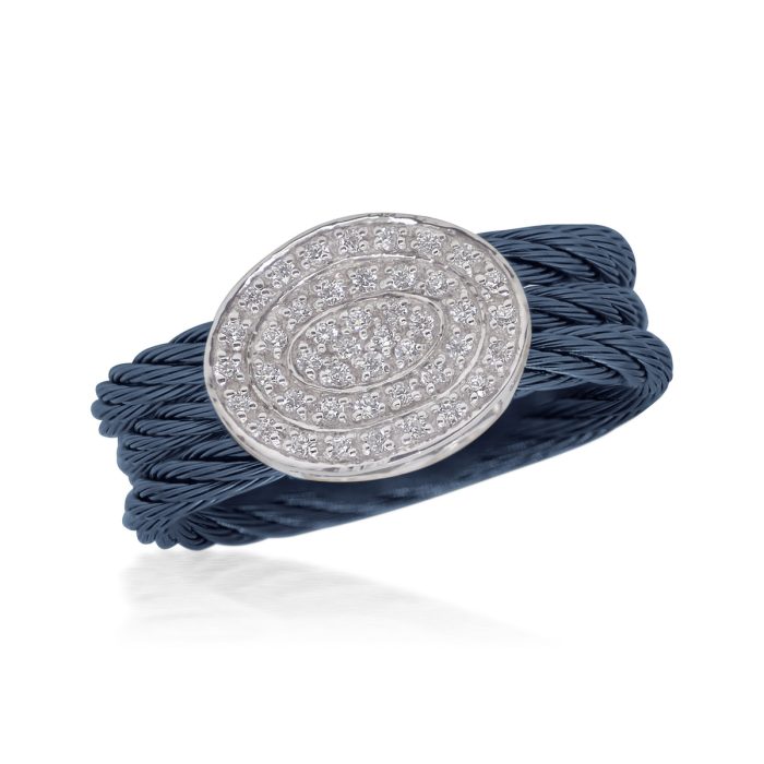 ALOR Stainless Steel and 14k White Gold Diamond Oval Station Ring in Blueberry