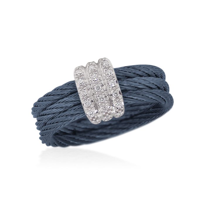 ALOR Stainless Steel and 18k White Gold Diamond 3-Row Band Ring in Blueberry