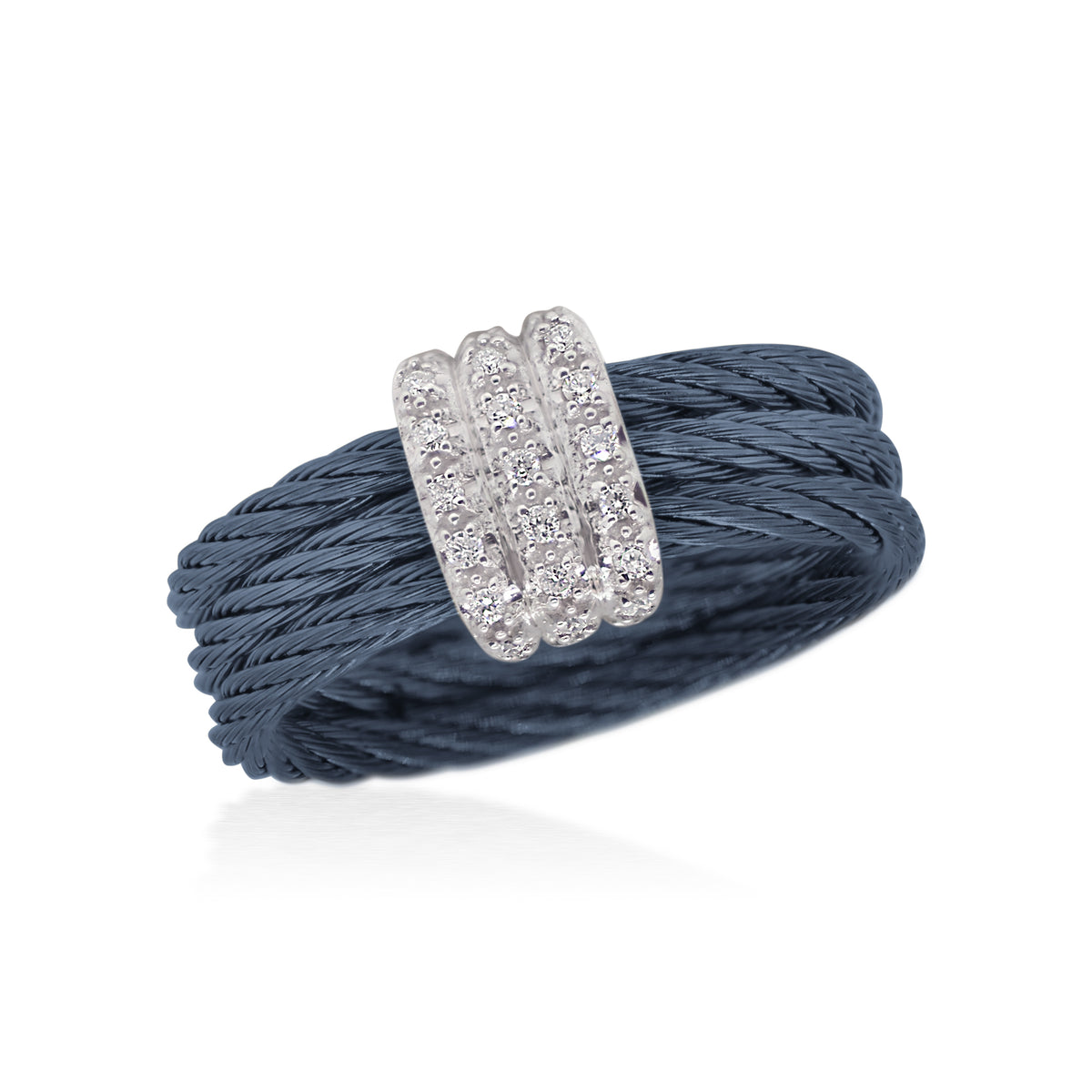 ALOR Stainless Steel and 18k White Gold Diamond 3-Row Band Ring in Blueberry