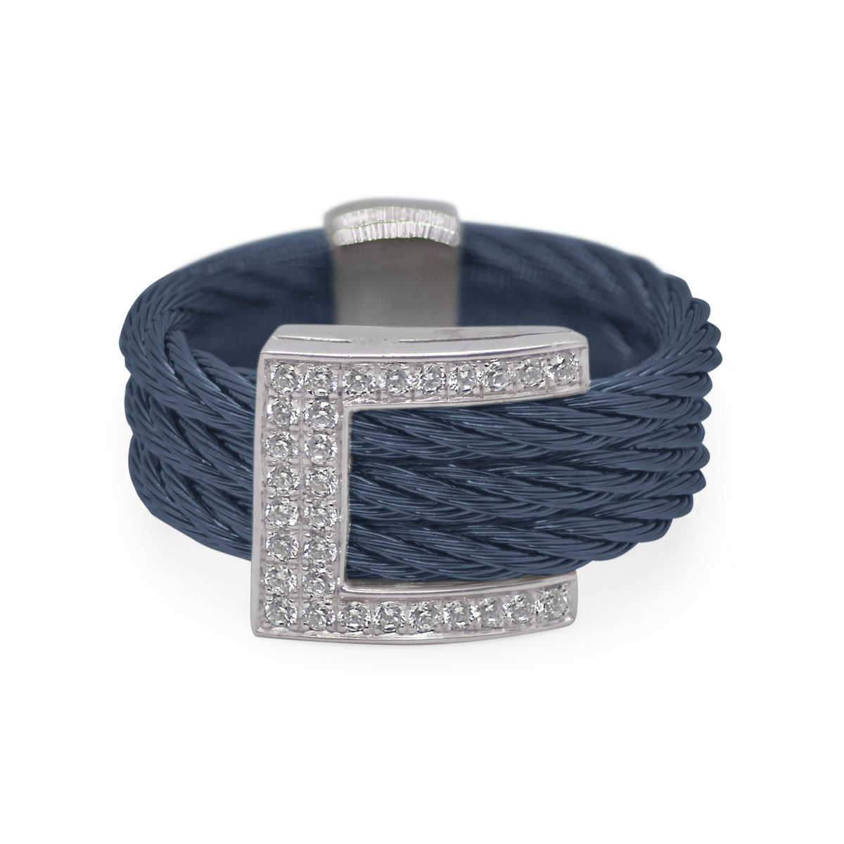 ALOR Stainless Steel and 18k White Gold Diamond Buckle Up Ring in Blueberry