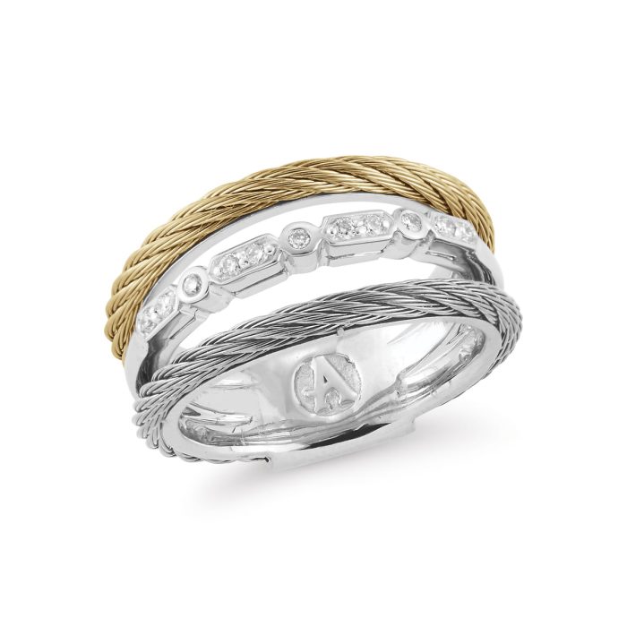 ALOR Layered Stainless Steel and 18k White Gold Diamond Grey and Yellow Cable Ring
