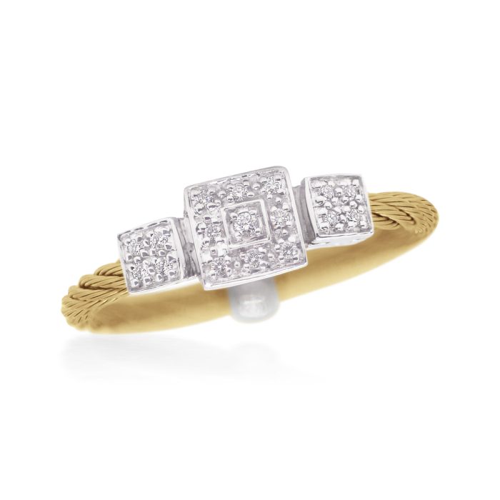 ALOR Stainless Steel and 18k White Gold Diamond Triple Cushion Ring in Yellow