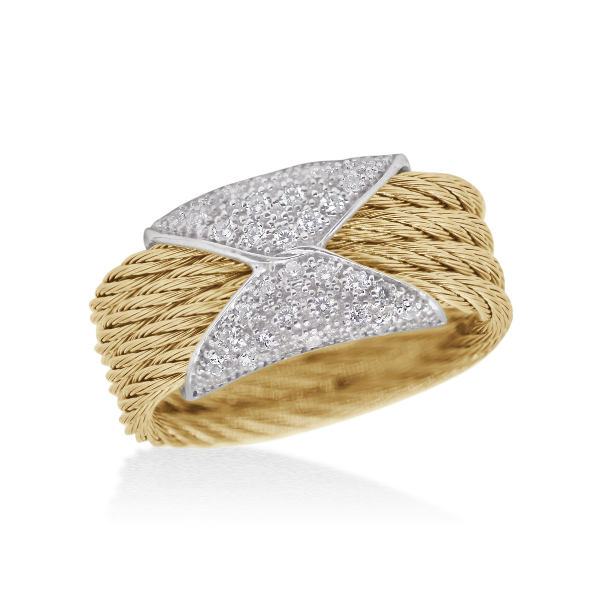 ALOR Stainless Steel and 18k White Gold Diamond Hourglass Band Ring in Yellow
