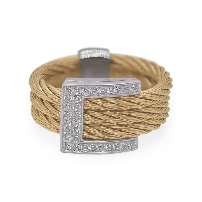 ALOR Buckle Up Stainless Steel and 18k White Gold Diamond Yellow Cable Ring