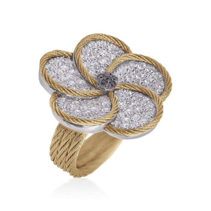 ALOR Forget-Me-Not Stainless Steel and 18k White Gold Diamond Flower Ring in Yellow
