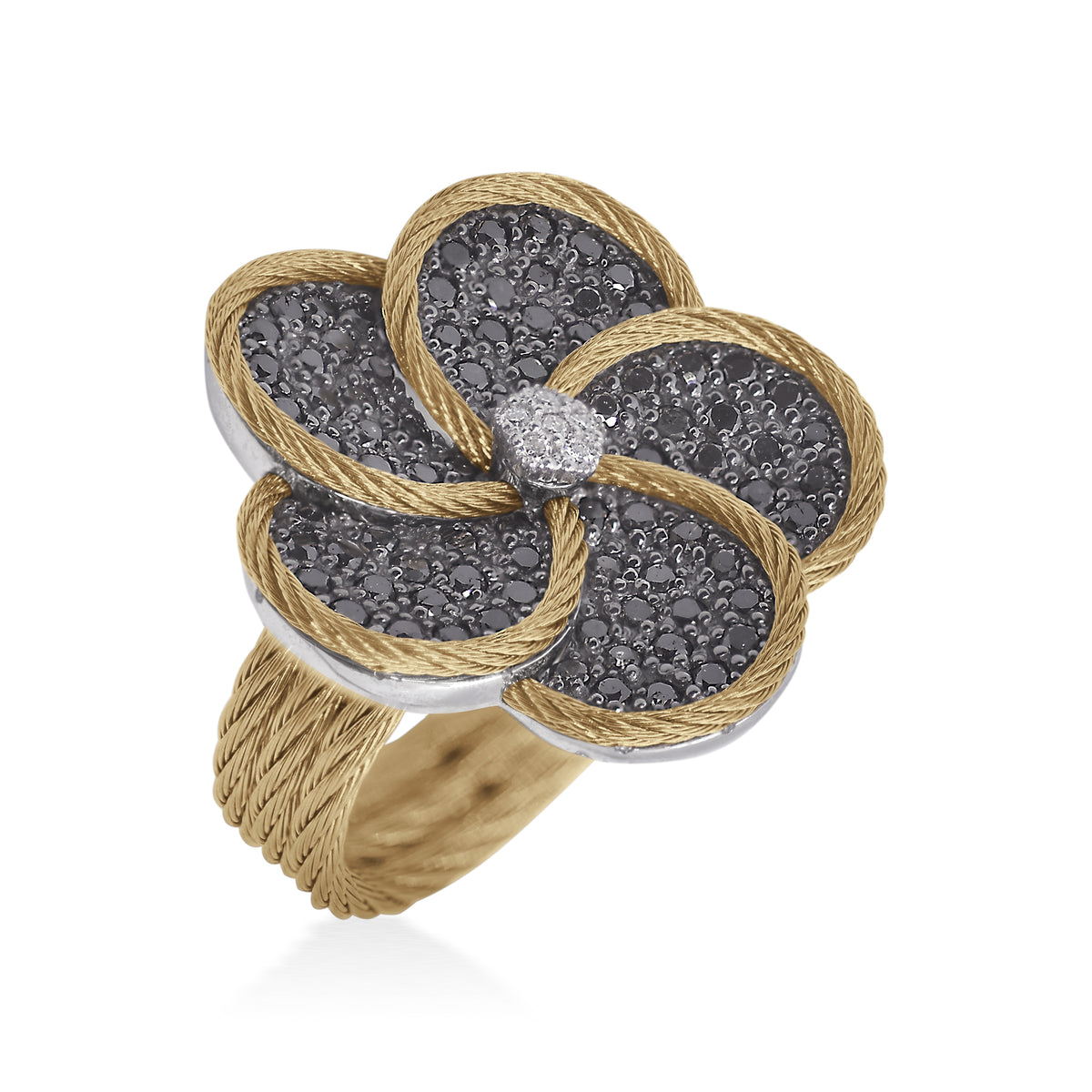ALOR Forget-Me-Not Stainless Steel and 18k White Gold Black Diamond Flower Ring