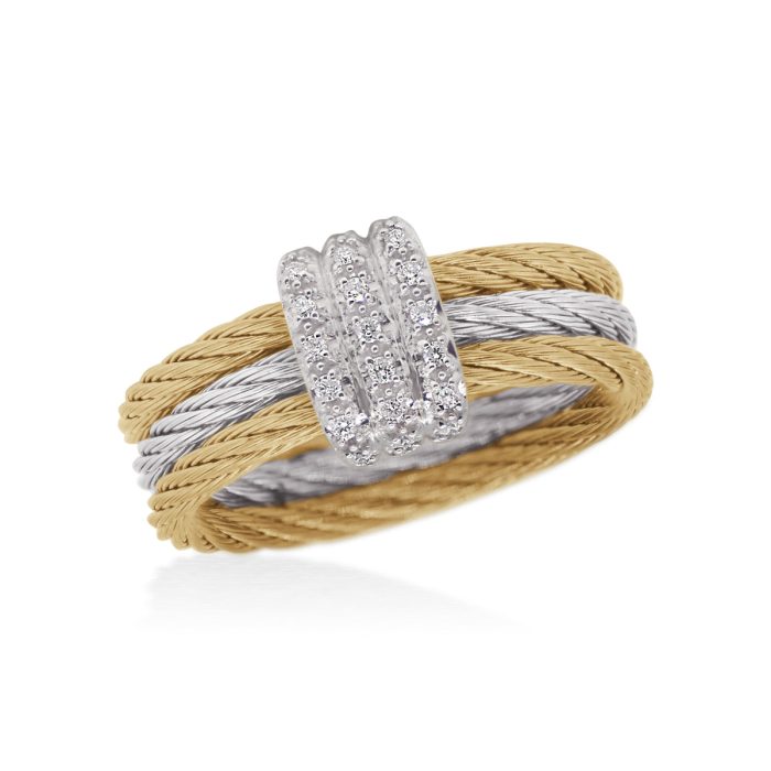 ALOR Stainless Steel and 18k White Gold Diamond 3-Row Band Ring in Grey and Yellow
