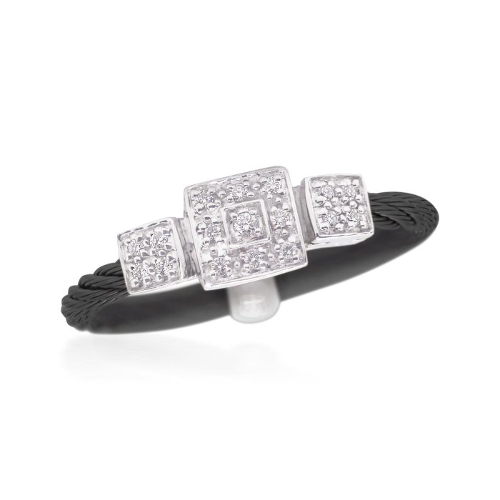 ALOR Stainless Steel and 14k White Gold Diamond Triple Cushion Ring in Black