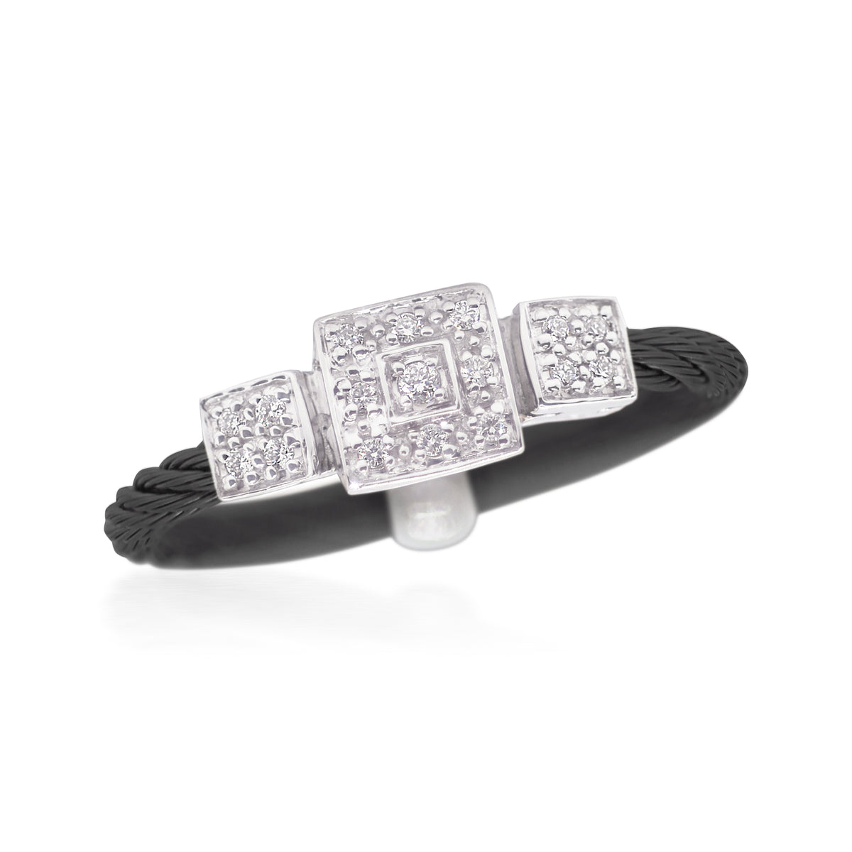 ALOR Stainless Steel and 14k White Gold Diamond Triple Cushion Ring in Black
