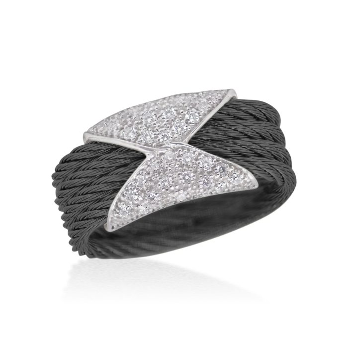 ALOR Stainless Steel and 18k White Gold Diamond Hourglass Band Ring in Black