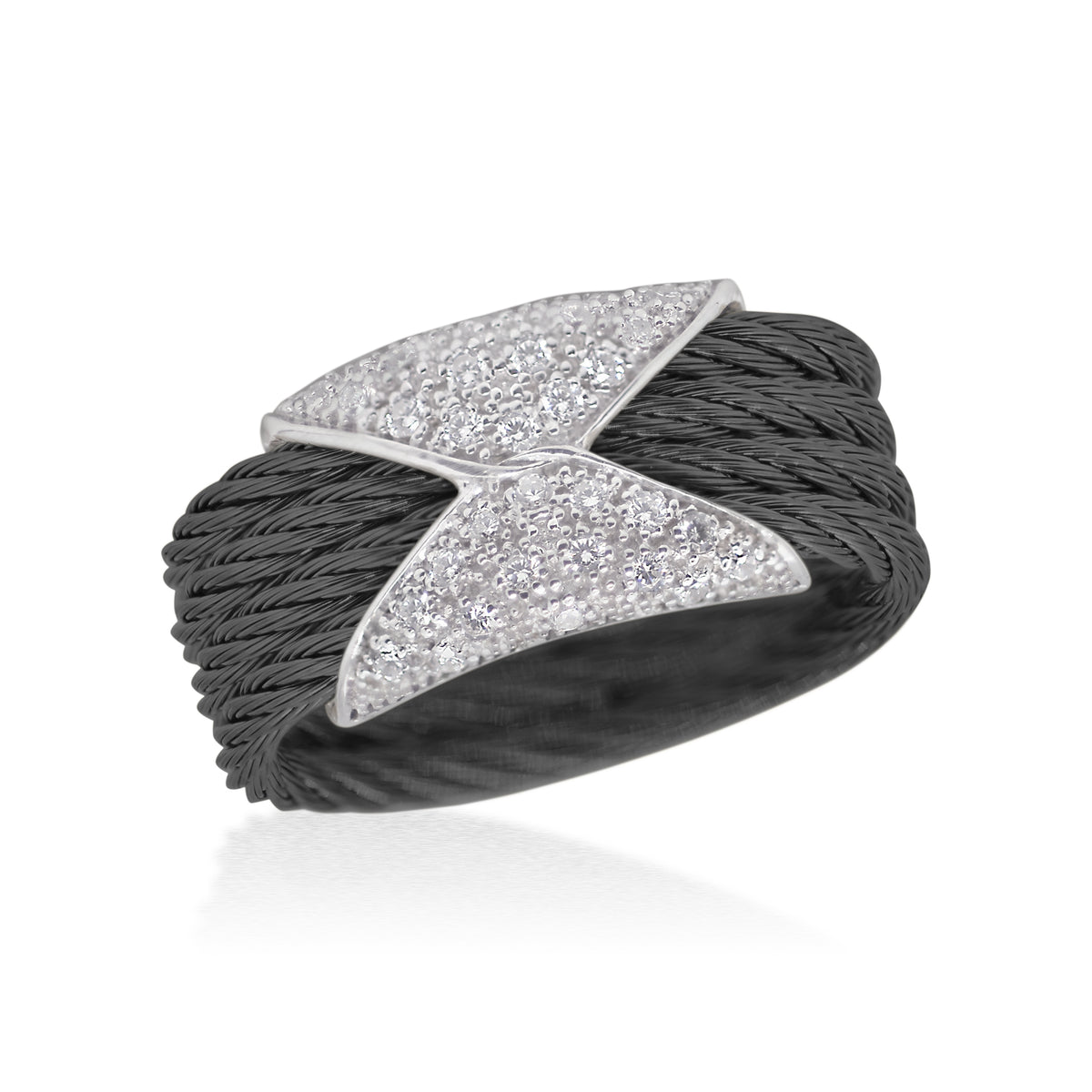 ALOR Stainless Steel and 18k White Gold Diamond Hourglass Band Ring in Black