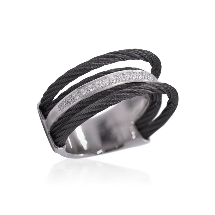 ALOR Stainless Steel and 18k White Gold Black Cable Ring