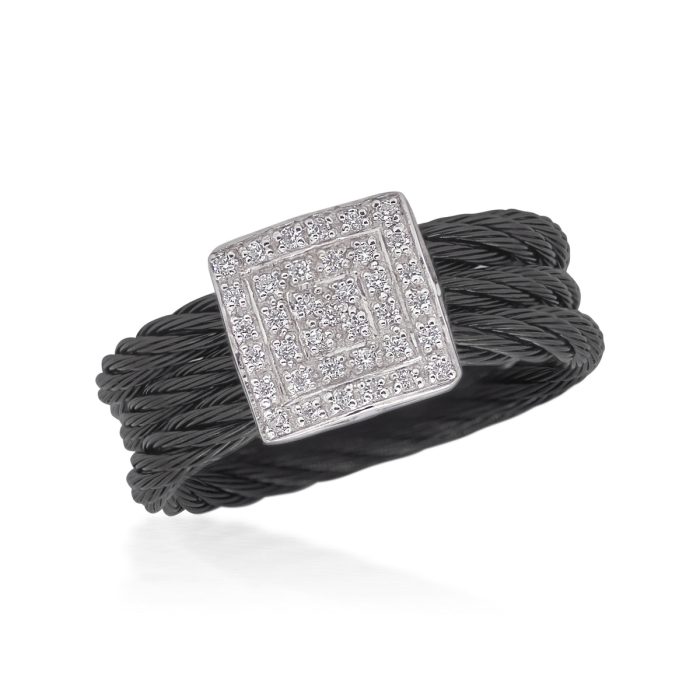 ALOR Stainless Steel and 14k White Gold Diamond Square Station Ring in Black