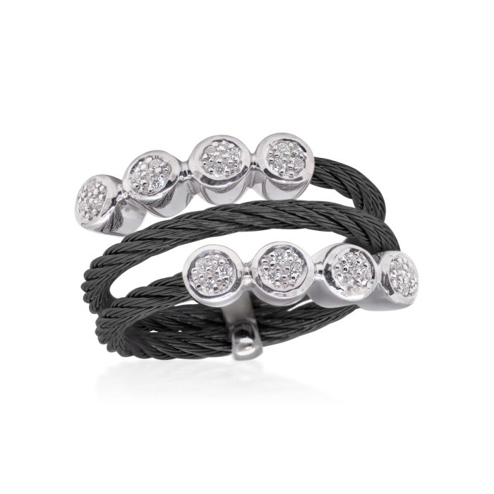 ALOR Stainless Steel and 14k White Gold Diamond Shift Ring in Black