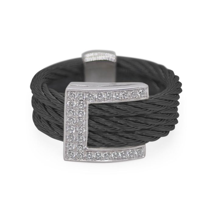 ALOR Buckle Up Stainless Steel and 18k White Gold Diamond Black Cable Ring