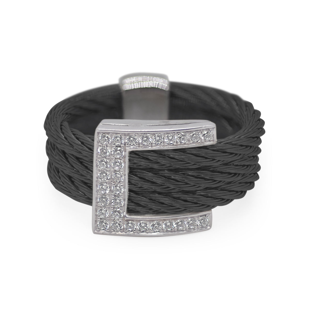 ALOR Buckle Up Stainless Steel and 18k White Gold Diamond Black Cable Ring