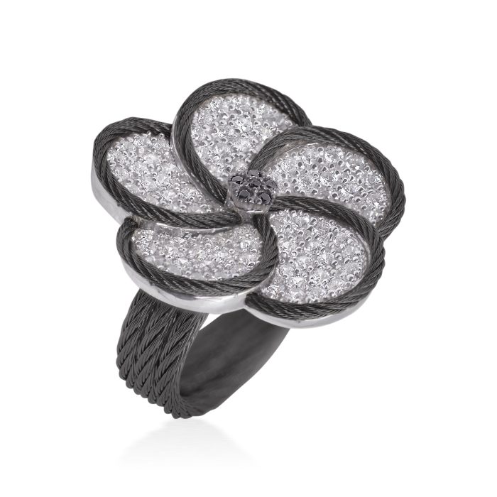 ALOR Forget-Me-Not Stainless Steel and 18k White Gold Diamond Flower Ring in Black