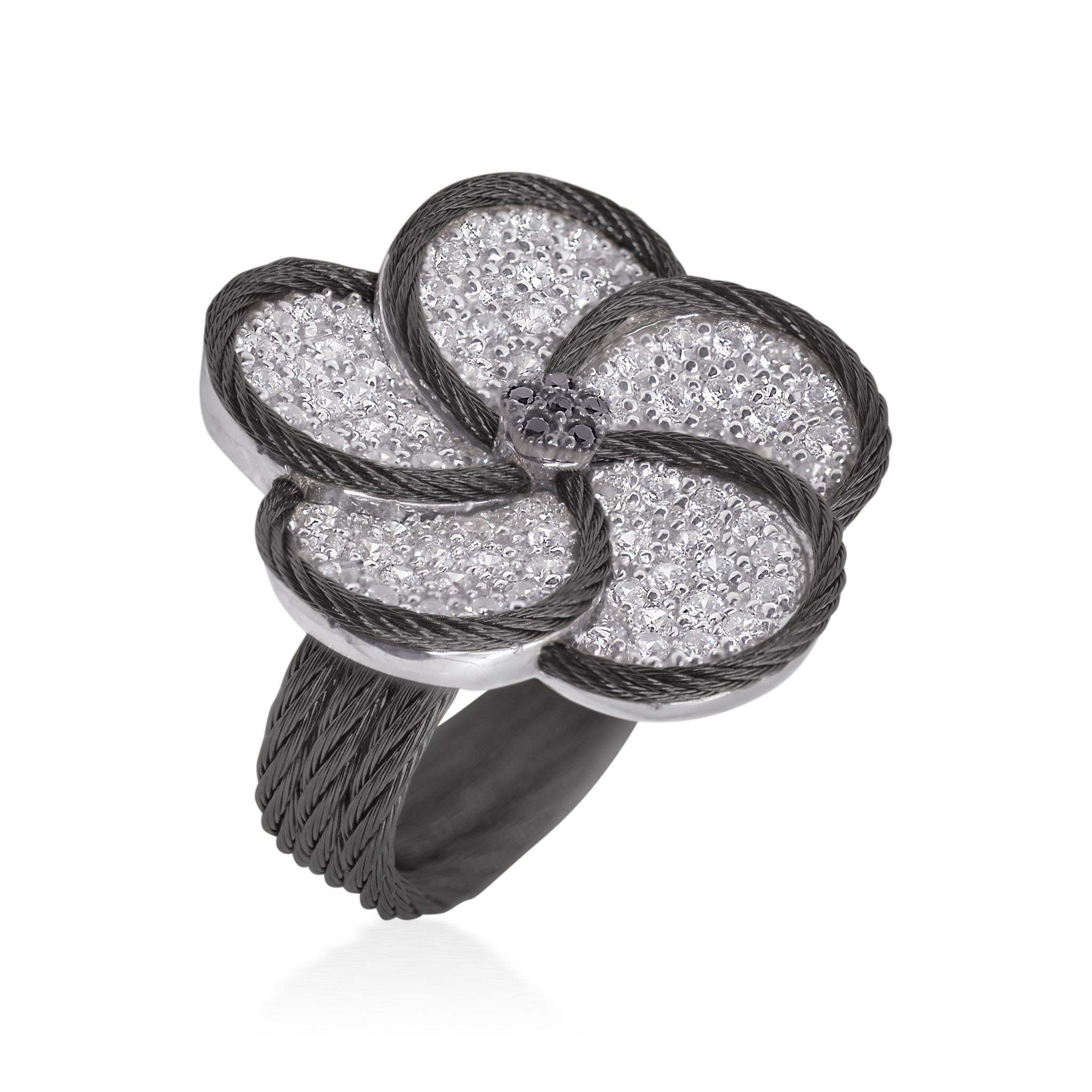 ALOR Forget-Me-Not Stainless Steel and 18k White Gold Diamond Flower Ring in Black