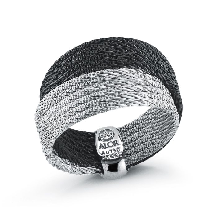 ALOR Black and Grey Stainless Steel and 18k Yellow Gold Twisted Cable Ring