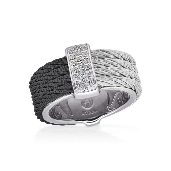 ALOR Stainless Steel and 18k White Gold Diamond Signature Band Ring in Black and Grey