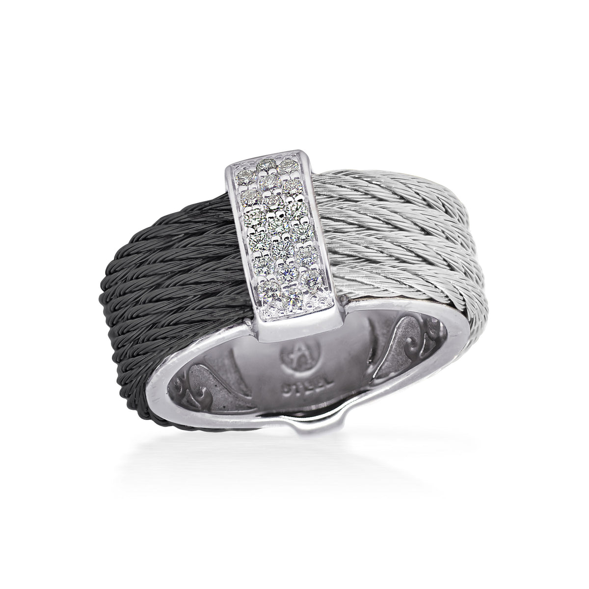 ALOR Stainless Steel and 18k White Gold Diamond Signature Band Ring in Black and Grey