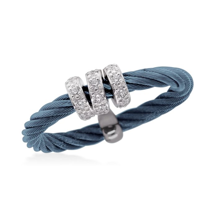 ALOR Stainless Steel and 14k White Gold Diamond Single Halo Band Ring in Caribbean Blue