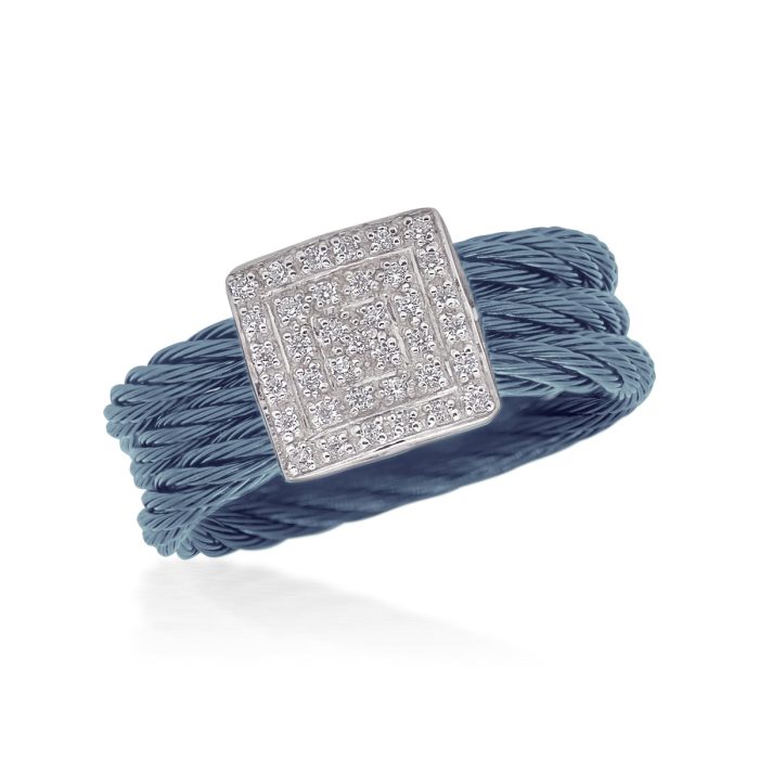ALOR Stainless Steel and 14k White Gold Diamond Square Station Ring in Caribbean Blue