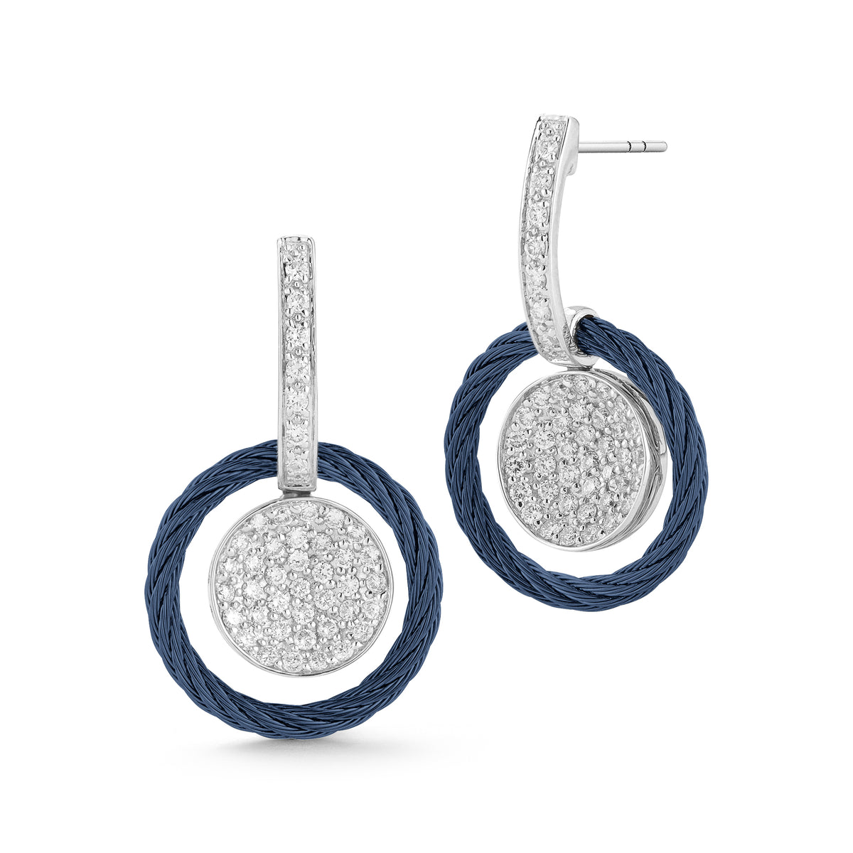ALOR Stainless Steel and 18k White Gold Diamond Disc Drop Earrings in Blueberry