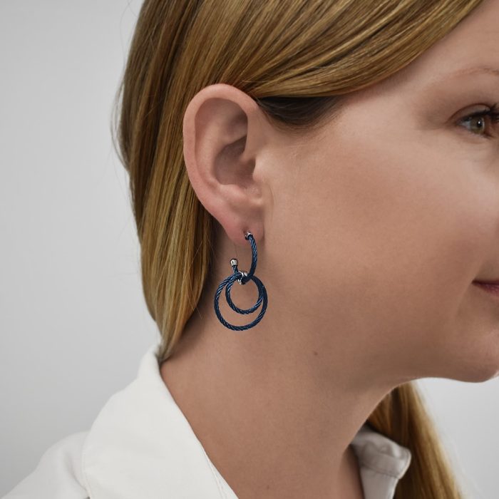 ALOR Stainless Steel and 18k White Gold Blueberry Cable Drop Hoop Earrings
