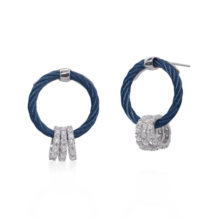 ALOR 14k White Gold and Blueberry Stainless Steel Diamond Halo Drop Earrings