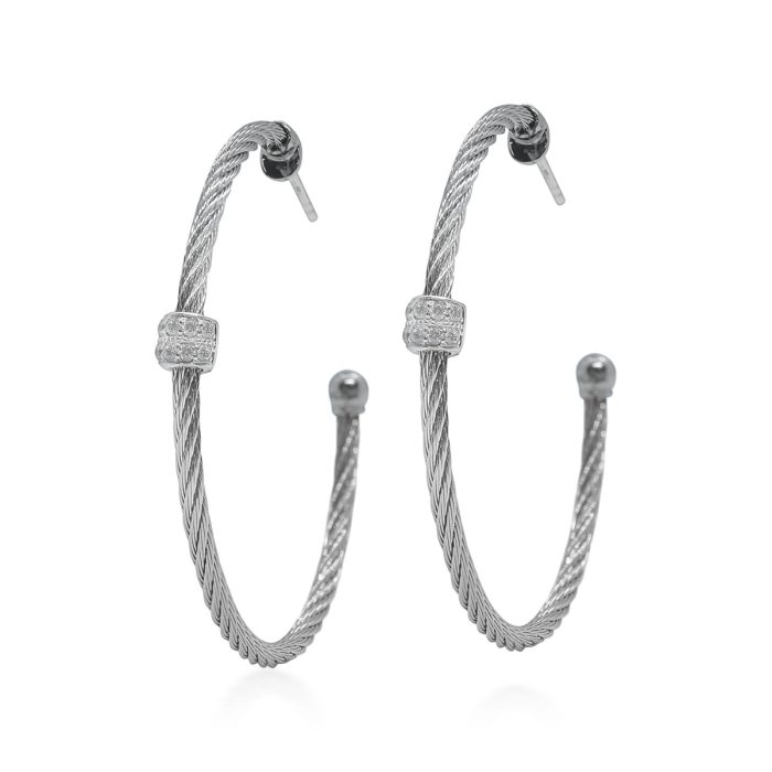 ALOR Large Barrel Stainless Steel and 18k White Gold Diamond Hoop Earrings